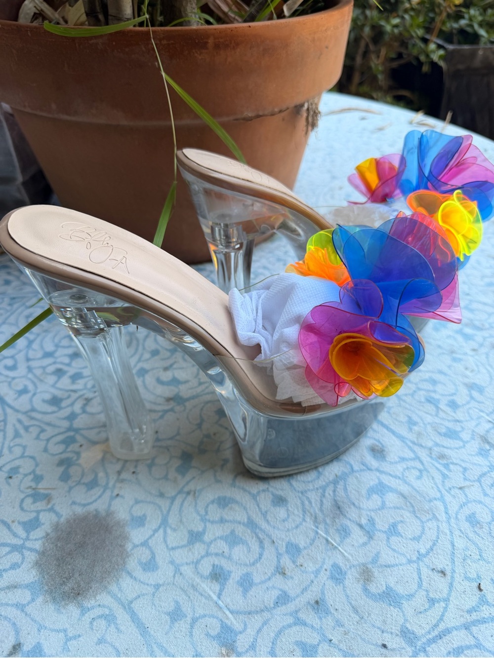 Clear Platform Heels with Rainbow Floral Trim